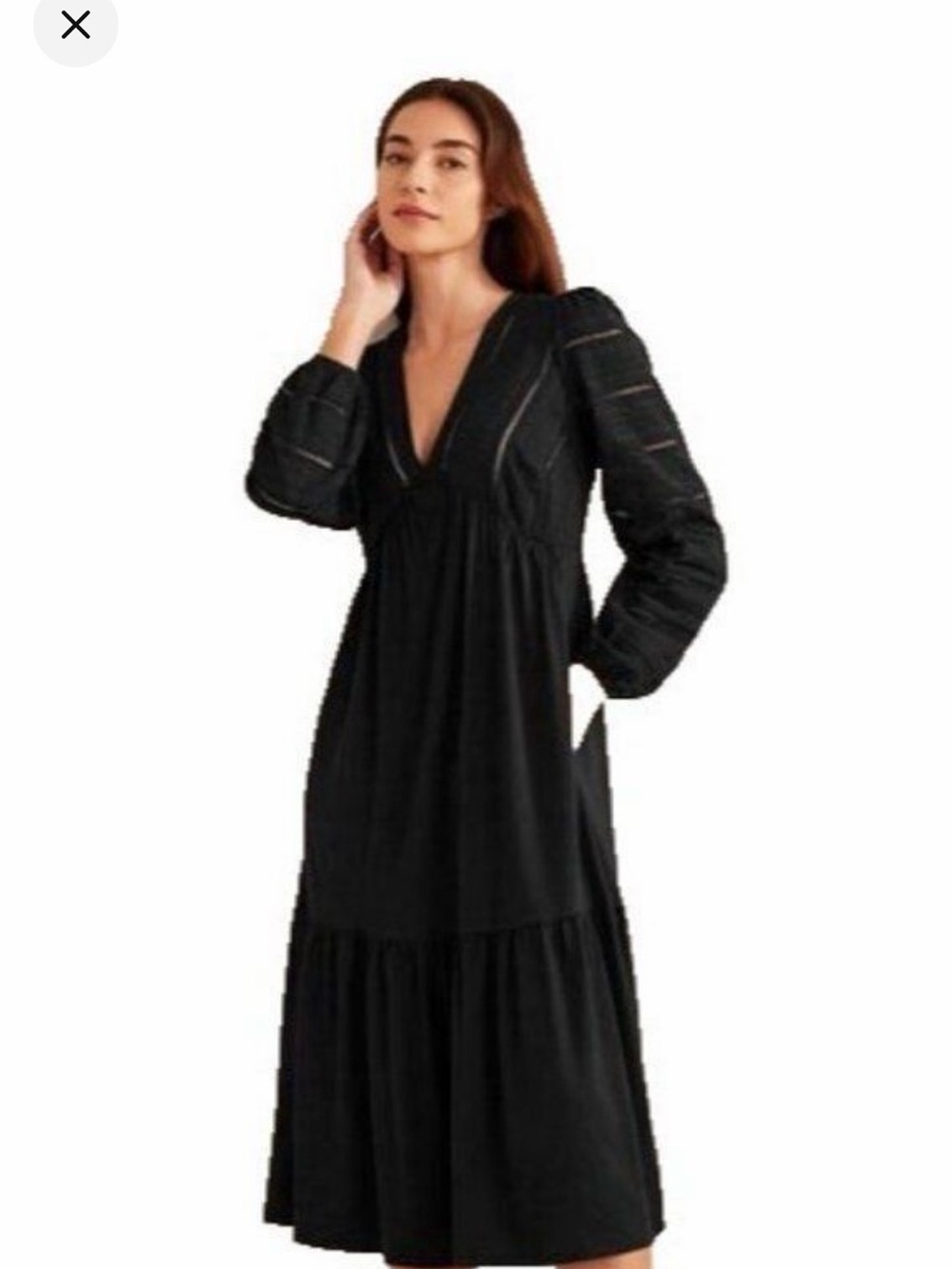 Boden Black V-Neck Long Sleeve Tiered Midi Dress